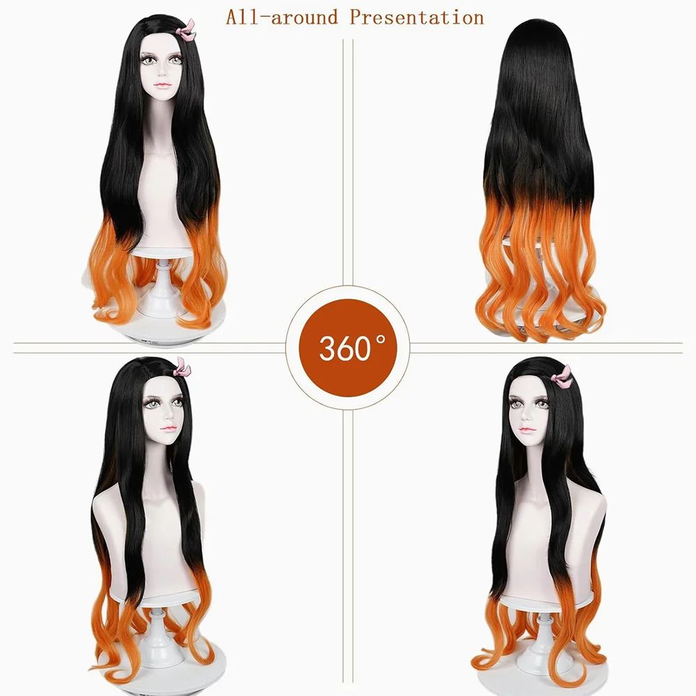 Peruca Sintética de Alta Qualidade para Cosplay de Anime Demon Slayer Kamado Nezuko, Cabelo Cacheado Longo de 81 cm, para Halloween, Carnaval, Festa Diária
