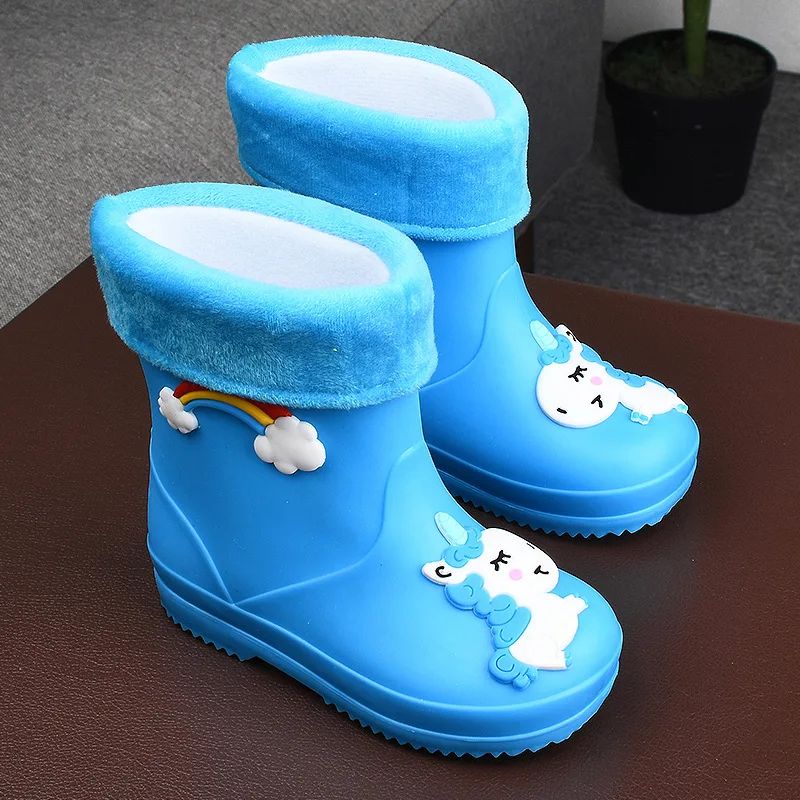 Children's Fleece-Lined Non-Slip Rain Boots For Boys And Girls Cartoon Cute Princess Style Anti-Slip Four Seasons Kids Shoes