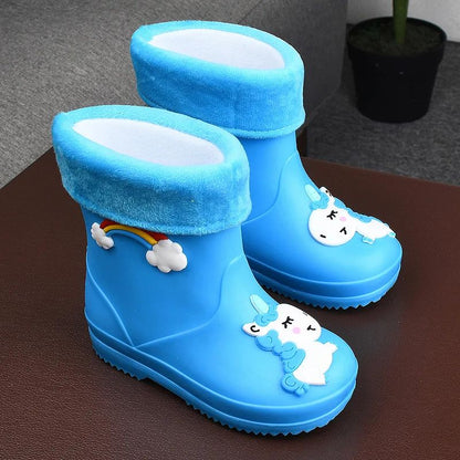 Children's Fleece-Lined Non-Slip Rain Boots For Boys And Girls Cartoon Cute Princess Style Anti-Slip Four Seasons Kids Shoes