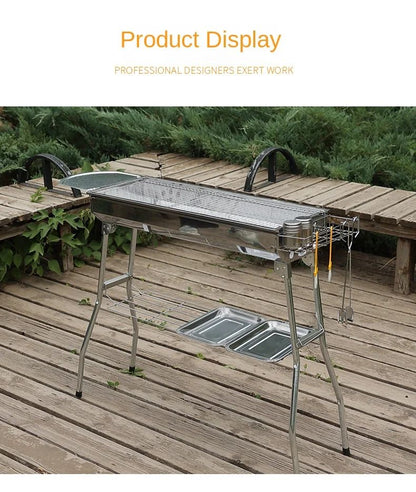 Outdoor Stainless Steel Charcoal Grill Large Size Barbecue Tool Portable Free Installation Handle Folding BBQ Cooking