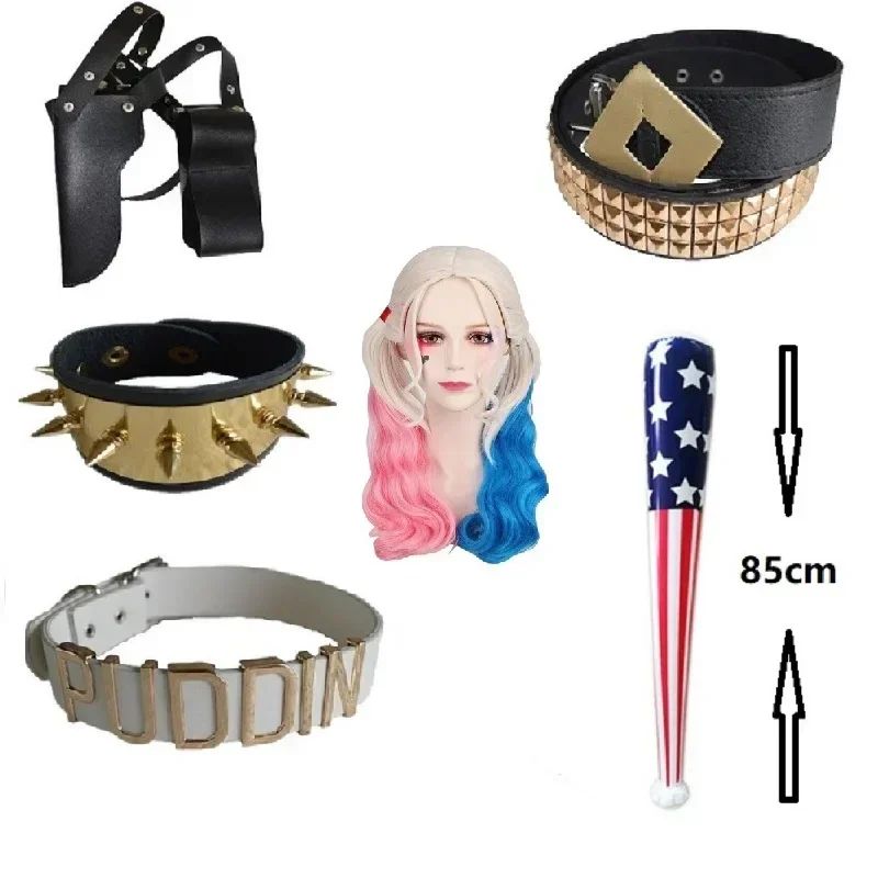 2025Halloween Suicide Cosplay  Squad Quinn Monster  Bracelet Belt necklace Gloves Accessories Full Set Wig Harley