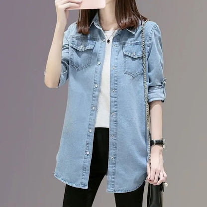 Loose Women's Denim Shirt Long Sleeve Mid-Length Slim Fit plus Size Spring Autumn New Style Student Outerwear Casual Shirt