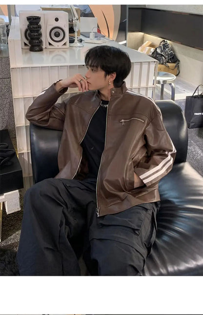 Retro Leather Jacket Men Women  American Patchwork Strip Racing Outerwear Loose Hip Hop Zippers Brown PU Coat Streetwear Spring