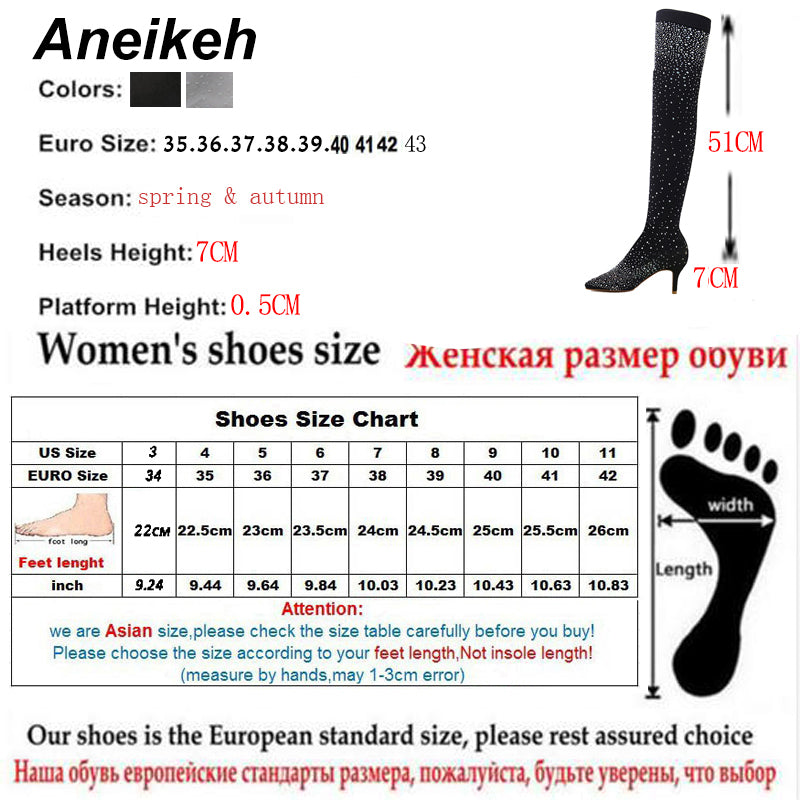 Aneikeh Sexy High Heels Sock Over-the-Knee Boots Pointed Toe Design Crystal Rhinestone Stretch Fabric Pole Dancing Women Shoes