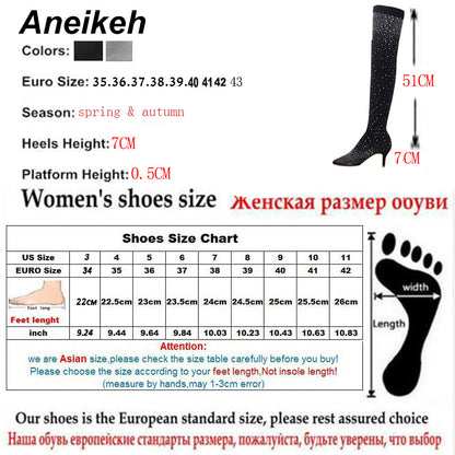 Aneikeh Sexy High Heels Sock Over-the-Knee Boots Pointed Toe Design Crystal Rhinestone Stretch Fabric Pole Dancing Women Shoes