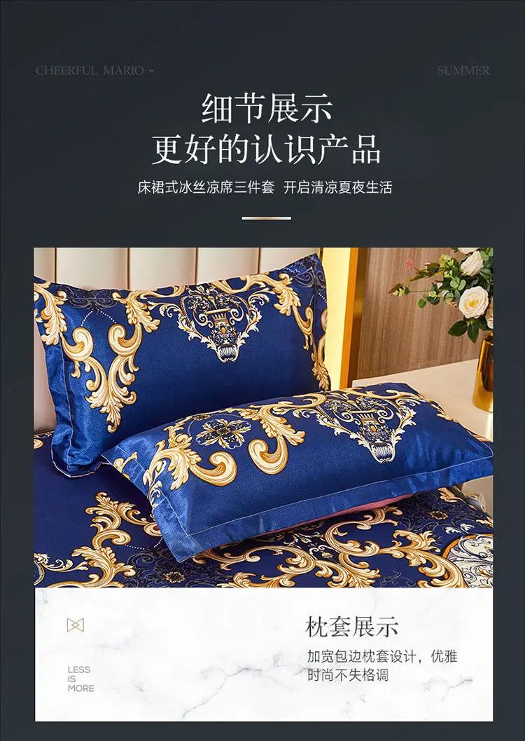 Kit 3 Peças de Lençol de Casal com Renda Clássica Azul Royal, Saia para Cama, Colcha de Casamento Lavável à Máquina, Capa de Colchão