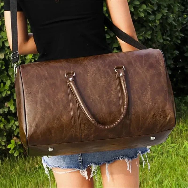 Bolsa de Viagem de Couro Grande Duffle Independente Bolsas de Fitness Grandes Bolsa de Mão Bagagem Bolsa de Ombro Preto Moda Masculina Zíper Pu 2024