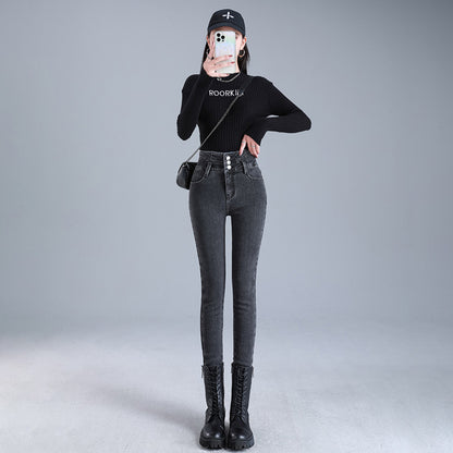 Women Thermal High Waist Jeans Winter Snow Warm Plush Stretch Jeans Lady Skinny Thicken Students Denim Pants Fleece Fur Trousers