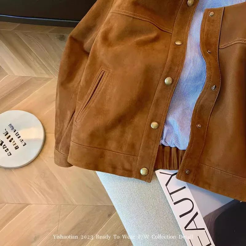 Retro Brown Suede Short Jacket Women's Spring Autumn Casual Loose Design Sense Meral Jacket Top round Neck Full Sleeve
