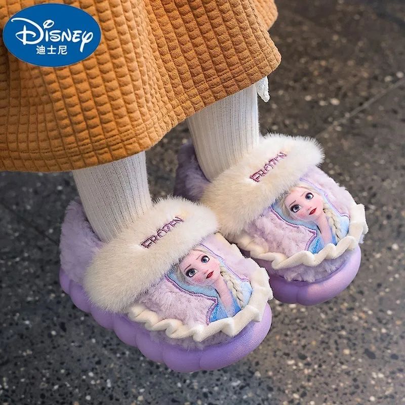 Chinelo de Algodão Infantil Inverno Princesa Disney Elsa Frozen Menina Antiderrapante Quente Para Bebê Rosa Azul Tamanho 26-35