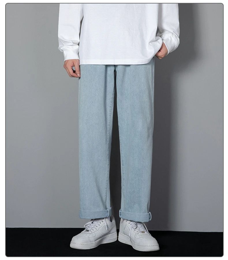 2025 Calças Jeans Casuais Masculinas Coreanas Novas Retas Longas Perna Larga Jeans Cor Sólida Azul Claro Cinza Preto