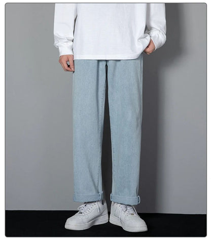 2025 Calças Jeans Casuais Masculinas Coreanas Novas Retas Longas Perna Larga Jeans Cor Sólida Azul Claro Cinza Preto