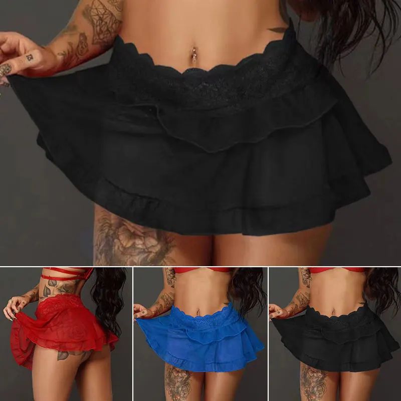 Casual Above Knee Black Miniskirt Summer Dance Short Skirts Ultra Mini Sexy Skirt for Women Lace Ruffle Skirt Party Club Wear