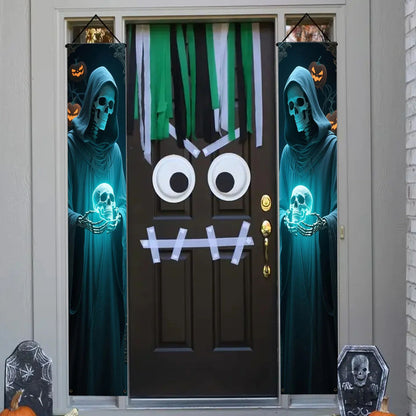 Party Banner,, Halloween Party Decorative Couplets, 2D Hanging Banners with Skeleton Design in Black Robes and Hooded Figures