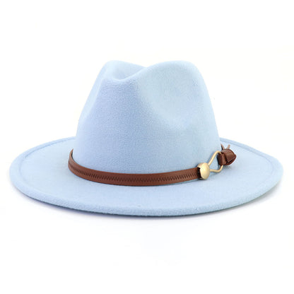 New Brown Belt Buckle Jazz Fedora Hat Autumn Winter Women Men Party Church Top Hat Wide Brim Sun Hat Felt Panama Cap