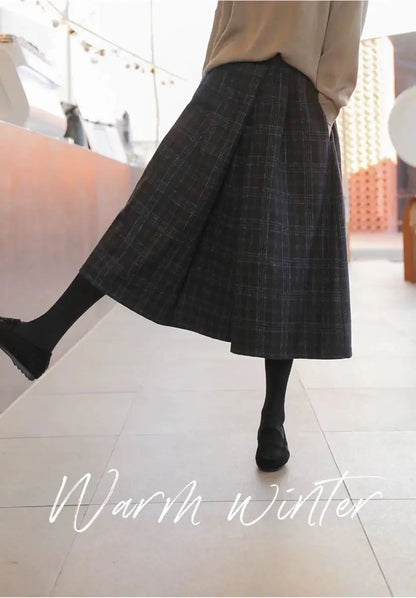 Women Elastic High Waist Woolen Pants Autumn Winter New Plaid Wool Wide Leg Pants Female Casual Loose Ankle-Length Skirts Pants