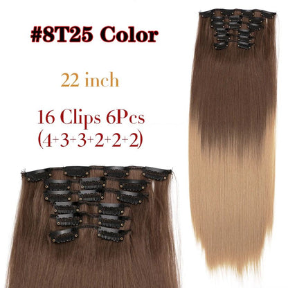 22 Polegadas Sintético Cabelo Liso Longo 16 Clipes 6 Peças/Conjunto Apliques de Cabelo Loiro Preto Resistente ao Calor Para Mulheres