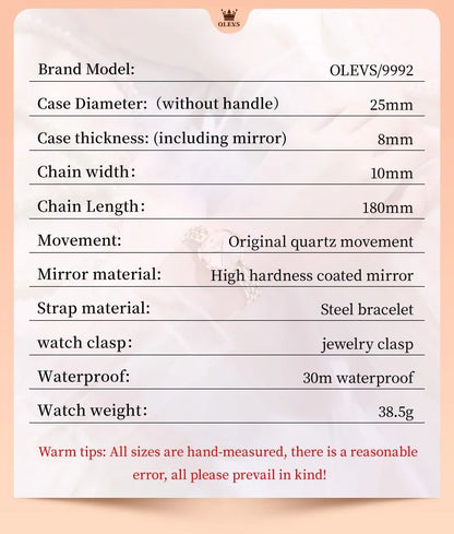 OLEVS 9992 Luxury Women's Watches Elegant Luxury Gold Watch for Women Quartz Waterproof Wristwatches Ladies Relojes Para Mujer