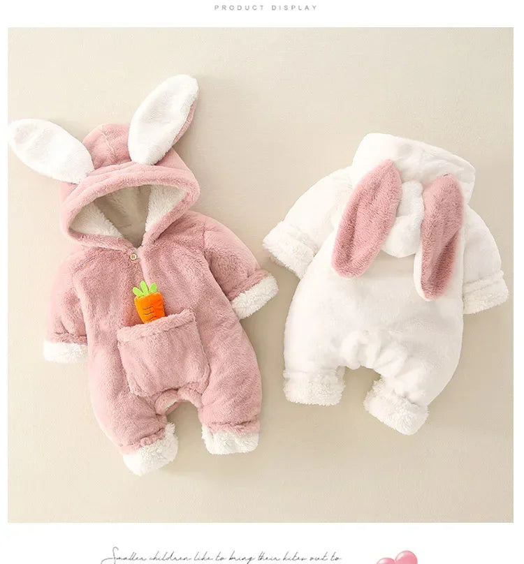 Baby Rompers Winter Warm Coral Fleece Newborn Baby Girl Clothes Cartoon Rabbit Coats Infant Jumpsuit Animal Overalls Pajamas