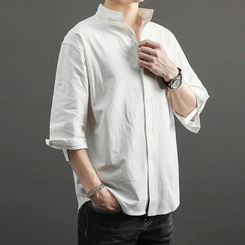 Casual Linen Cotton Shirt Men's Loose Sleeveless Top Chinese Style Autumn Outerwear Comfortable Breathable Men's Casual Shirt