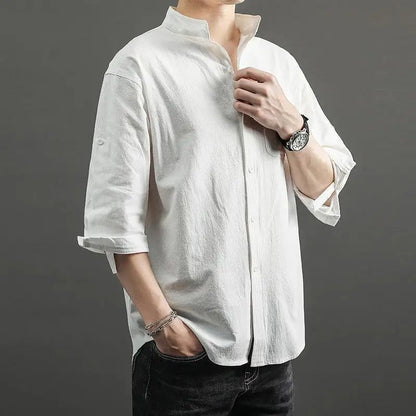 Casual Linen Cotton Shirt Men's Loose Sleeveless Top Chinese Style Autumn Outerwear Comfortable Breathable Men's Casual Shirt