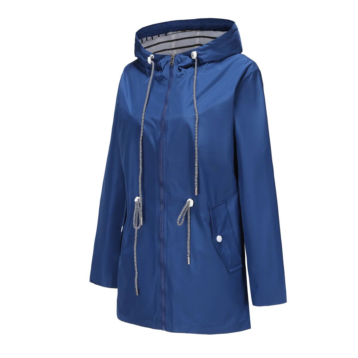 Blue Waterproof Hooded Jacket Women Fashion Casual Coat Waist Drawstring Tie Zipper Switch Red Green Yellow Black Windbreaker