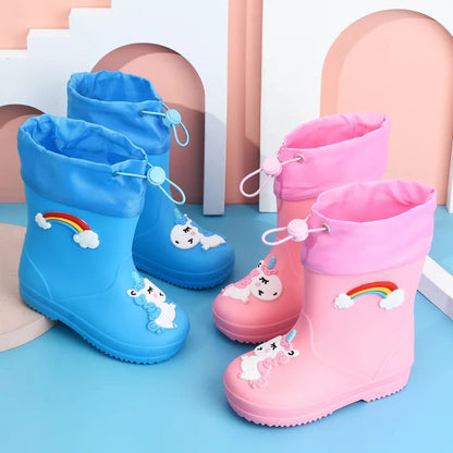 Children's Fleece-Lined Non-Slip Rain Boots For Boys And Girls Cartoon Cute Princess Style Anti-Slip Four Seasons Kids Shoes