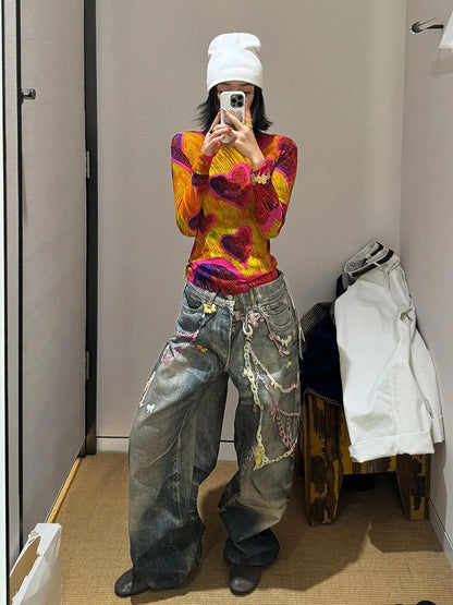 Calça Jeans Casual Unissex com Estampa Digital 3D de Corrente de Doce Estilo American High Street, com Efeito Desgastado e Perna Reta