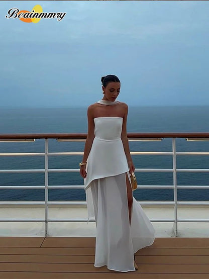 Fashion Strapless Ribbon Mesh Patchwork Maxi Dress Elegant Sleeveless Backless V