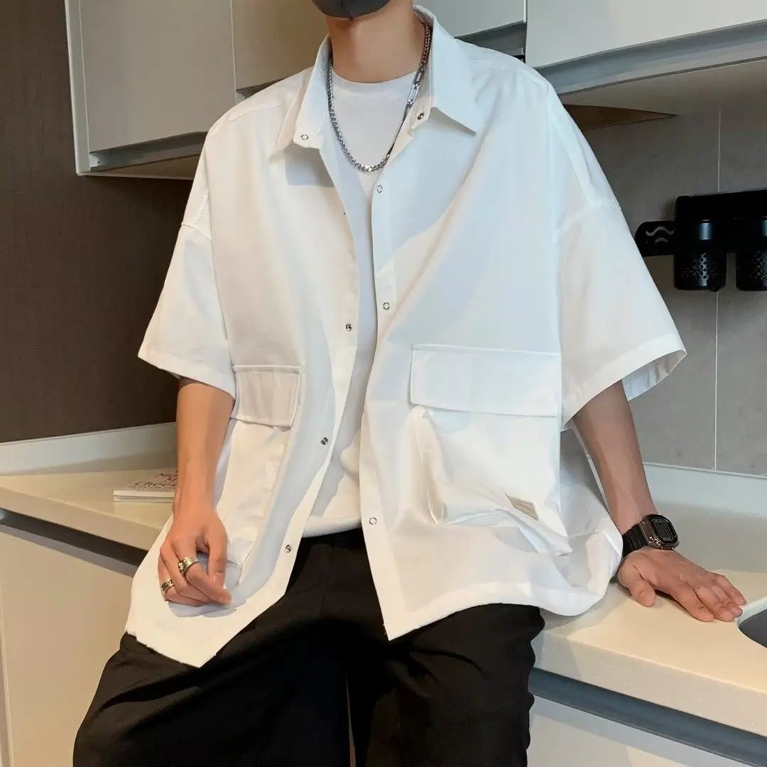 Men's Retro Large Pocket Cargo Shirt Jacket Coat Summer Loose Casual Short Sleeved Shirt For Men Y2k Japan Korea Streetwear