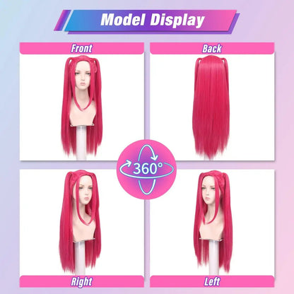 Girl group role-playing synthetic wig, purple split braid wig, rose red long straight hair with bun, romantic party photo