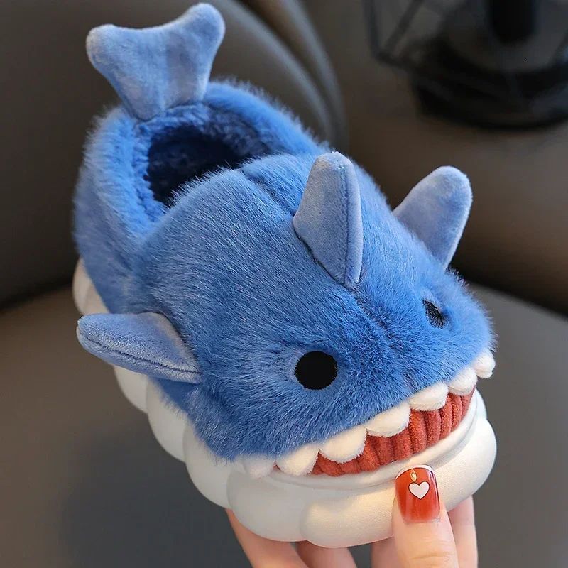Winter Heel Wrap Cotton Children's Slippers Cute Cartoon Shark Non-slip Soft Sole Kids Boys Girls Junior Warm Plush Home Shoes