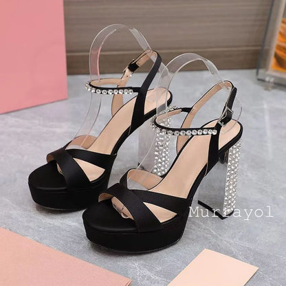 Women Open Toe Rhinestone High Heels Sandals Satin Waterproof Platform Sandalias Summer Party Dress Shoes Pumps Wedding Shoes