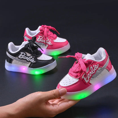 Girls Light-Emitting Sneakers Cartoon Board Shoes Breathable Breathable Leather Casual Shoes Fashion LED Shine Running Shoes
