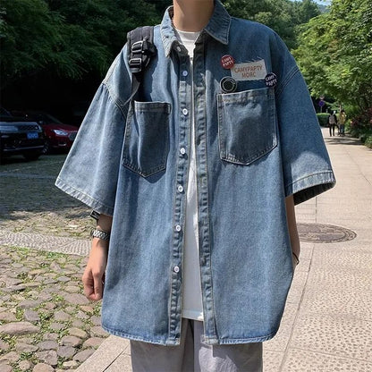 Retro Japanese Style Pocket Badge Denim Short Sleeve Casual Shirt Men's Loose Collar Jacket Trendy Summer Clothing