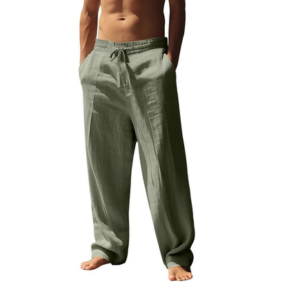 Men's Linen Beach Pants Breathable Loose Straight Trousers Male Summer Casual Solid Color Japanese Streetwear