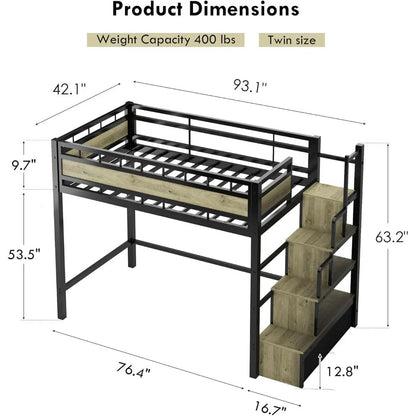 Twin Size Metal Loft Bed with Storage Stairs & Drawers Heavy-Duty Space-Saving Bed Frame for Teens And Juniors No Box Spring Nee