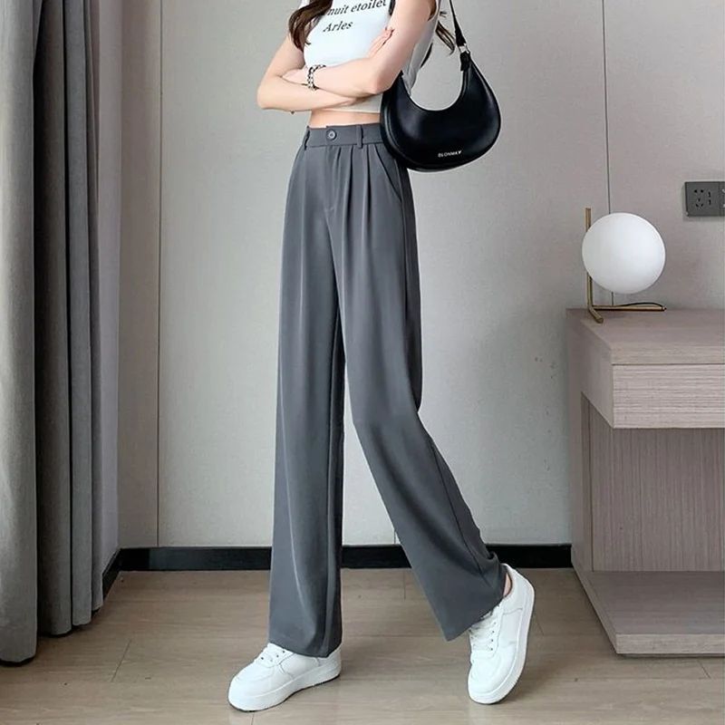 Women Full Length Pants Lady Baggy High Waist Wide Leg Solid Color Trousers Lady Straight Leg Mom Classic Office Pants Slacks