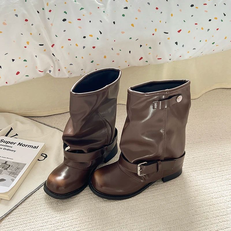 Vintage Thick Heel Women Western Cowboy Boots Fashion Belt Buckle Slip On Shoes Ladies Pleated Short Booties Autumn Winter