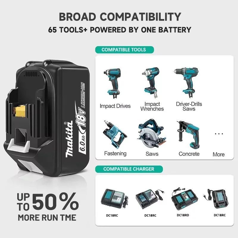 Bateria recarregável Makita 18V 6.0Ah 100% original, para baterias de ferramentas elétricas Makita BL1830 BL1830B BL1840 BL1840B BL1850 BL1850B