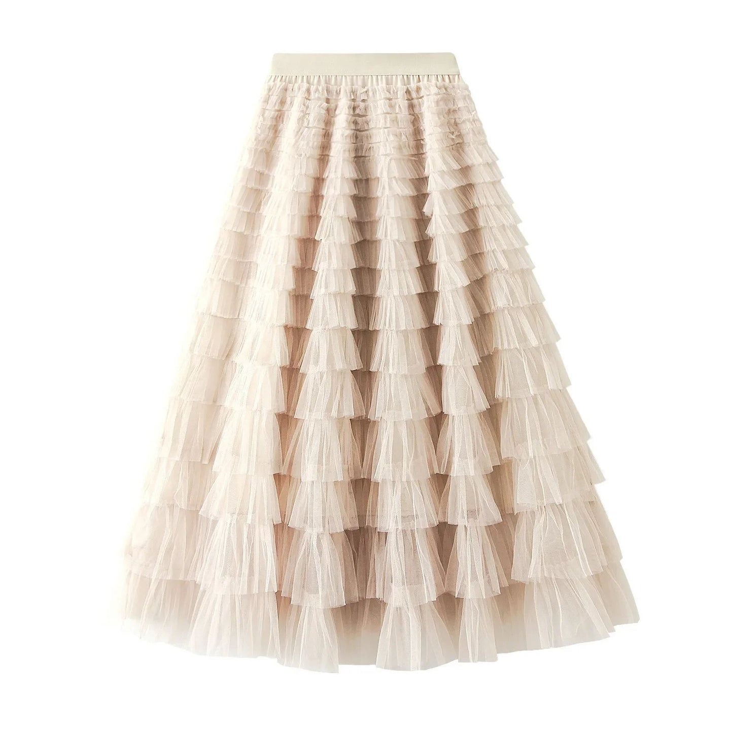 HOT Solid Multilayer Ruffle Mesh Skirt Women Boho High Waist Long Maxi Tulle Skirt Spring Summer Party Women's Clothing