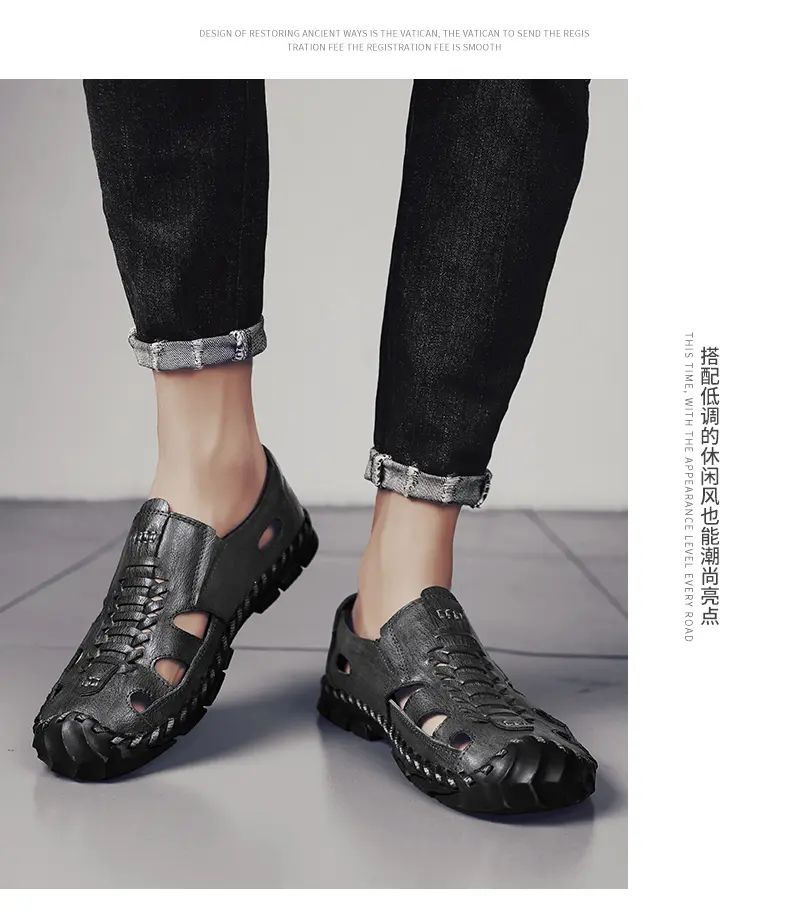 2025 New Men's Handmade Leather Sandals Flat Sandals Fashion Men's Suitable for Beach Vacation Summer Brown Non-slip Sandals