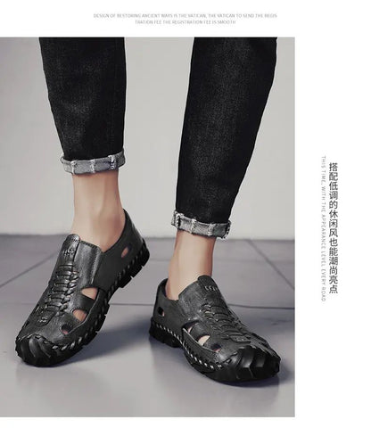 2025 New Men's Handmade Leather Sandals Flat Sandals Fashion Men's Suitable for Beach Vacation Summer Brown Non-slip Sandals