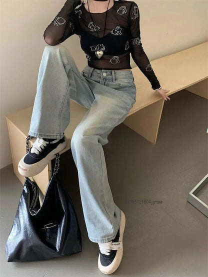 New Hello Kitty Wide Leg Pants Women's Spring Girl China-Chic Embroidery Loose Skinny Straight Leg Denim Pants Straight Trousers