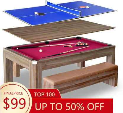 7 Foot Dining Pool Table Combo with Game Accessories 2 Benches Multifunctional Billiards Table with Ping Pong Dining Top Light