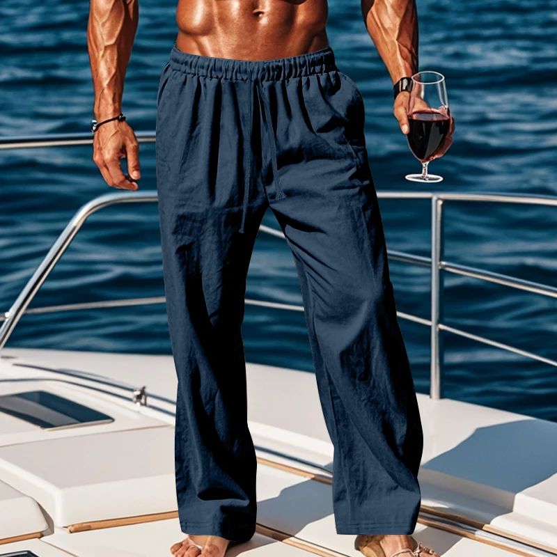 Calça Casual Masculina de Linho com Elástico na Cintura, Calça de Praia Leve com Cordão, Calça de Yoga de Verão Cor Sólida, Calça de Praia