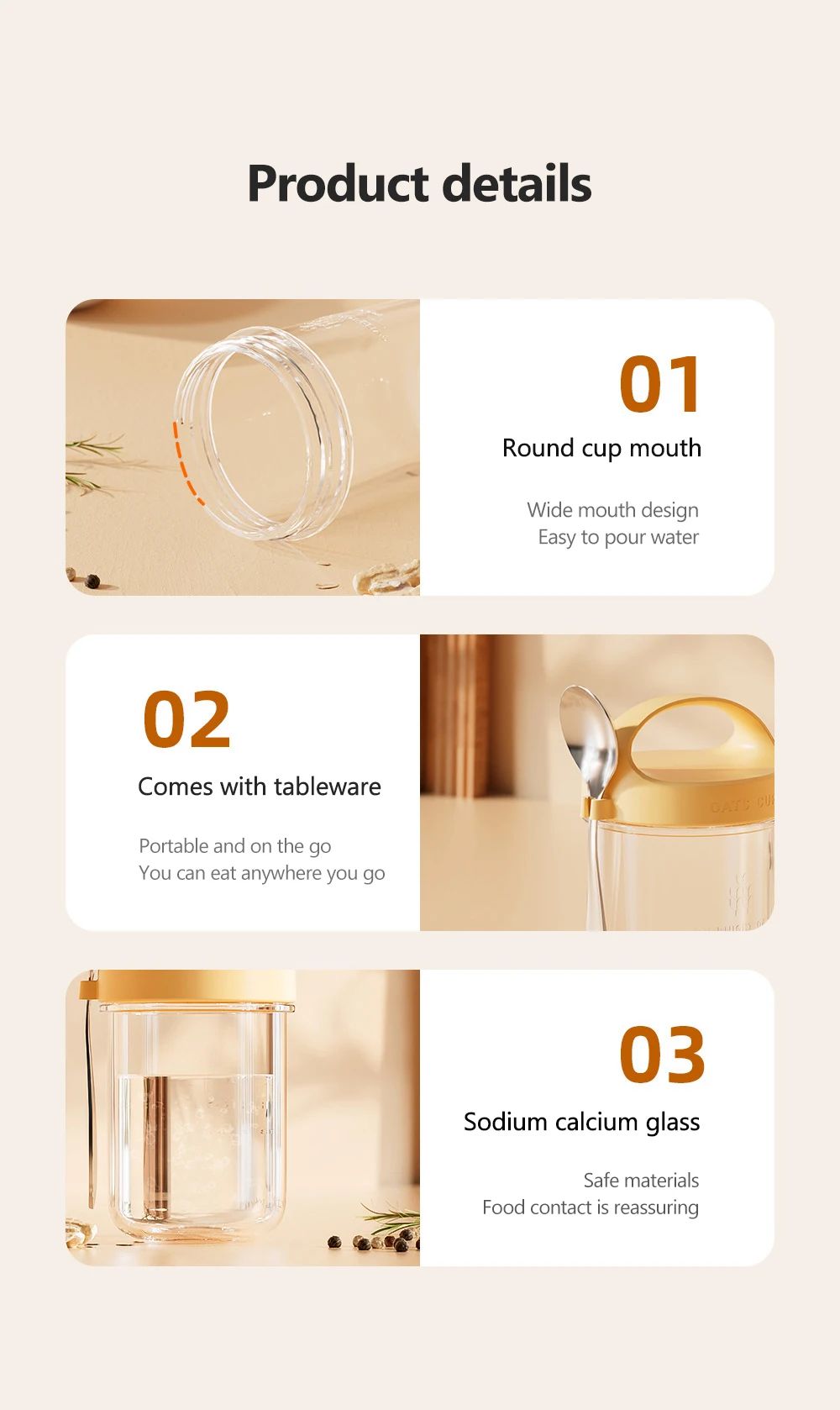 Copo de Aveia Noturna com Tampa e Colher 430ML - Vidro, Selável, Portátil, para Café da Manhã, Cereal, Leite, Salada, Iogurte - Item de Cozinha