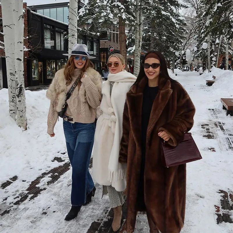 Fashion Mixed Color Lapel Collar Woman Long Coat Elegant Full Sleeve Loose Overcoat New Winter Lady High Street Faux Fur Jacket