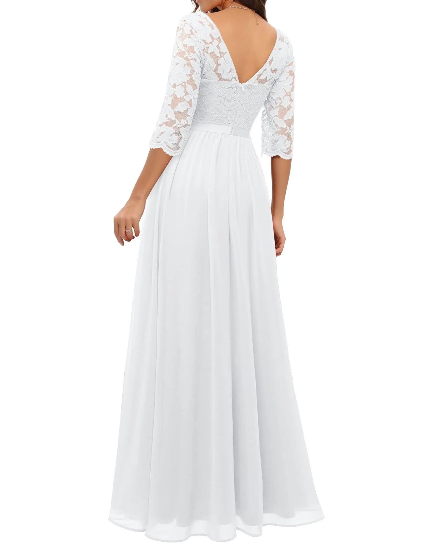 New 6-Color 5-Size Lace Splicing Long Waist-Cinching Elegant Dress Floor-Length V-Neck Polyester Fiber Evening Gown Dress