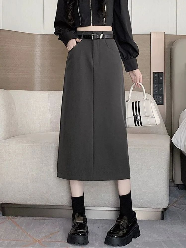 Grey High-waisted A- line Skirt Half Dress Petite Long Dress Autumn/winter For Women Side Slit Workwear